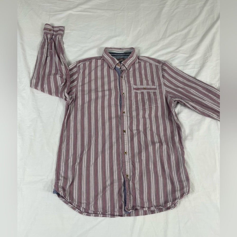 Mantaray Mens Light Red Striped Long Sleeve Button Up Shirt Size M